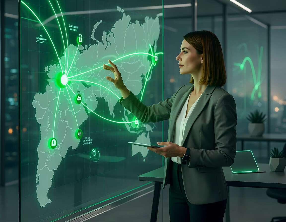 Mulher interagindo com um mapa digital iluminado