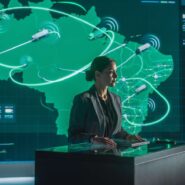 Mulher analisando dados em uma tela digital de mapa.