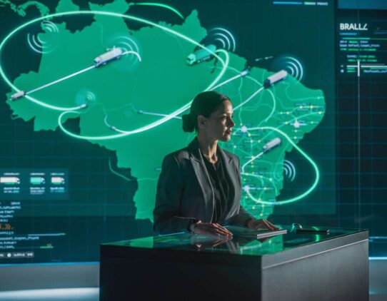 Mulher analisando dados em uma tela digital de mapa.