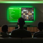 Pai e filhos assistindo televisão em sala de estar.