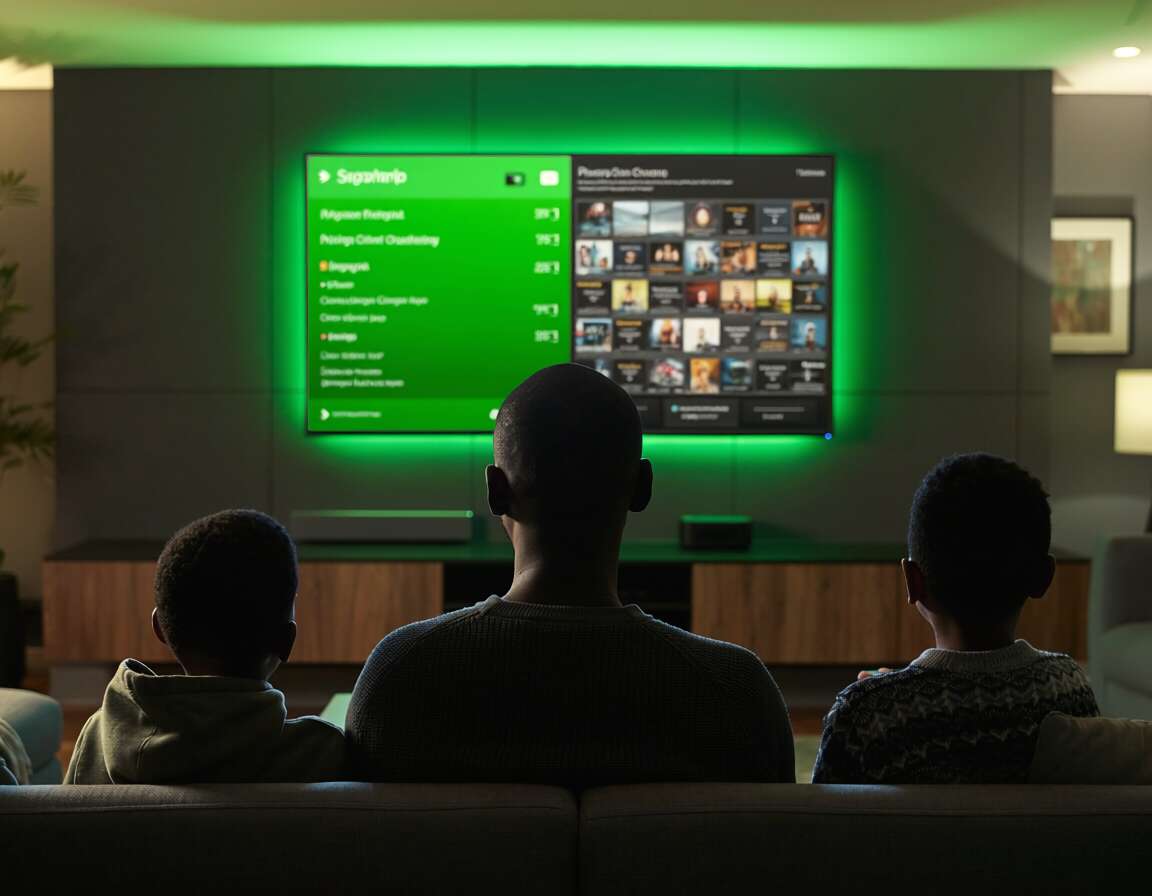Pai e filhos assistindo televisão em sala de estar.