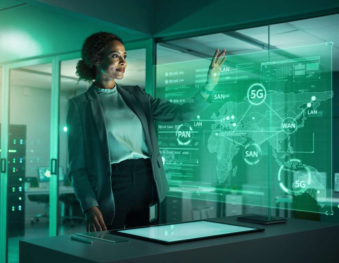 Profissional interagindo com tecnologia 5G em escritório.