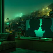 Silhuetas de casal em frente a uma televisão iluminada.