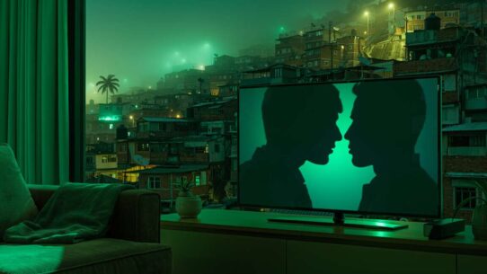 Silhuetas de casal em frente a uma televisão iluminada.