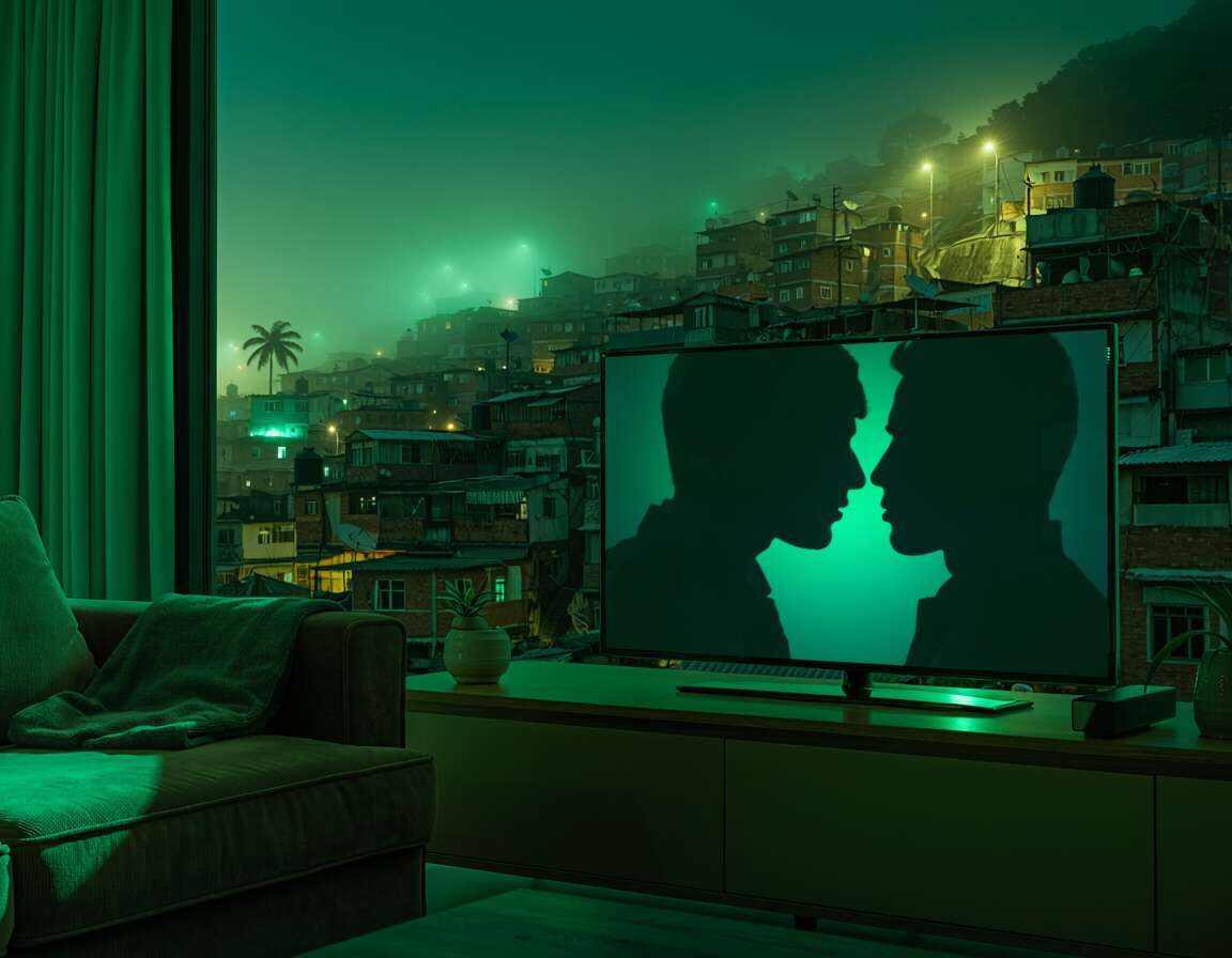 Silhuetas de casal em frente a uma televisão iluminada.