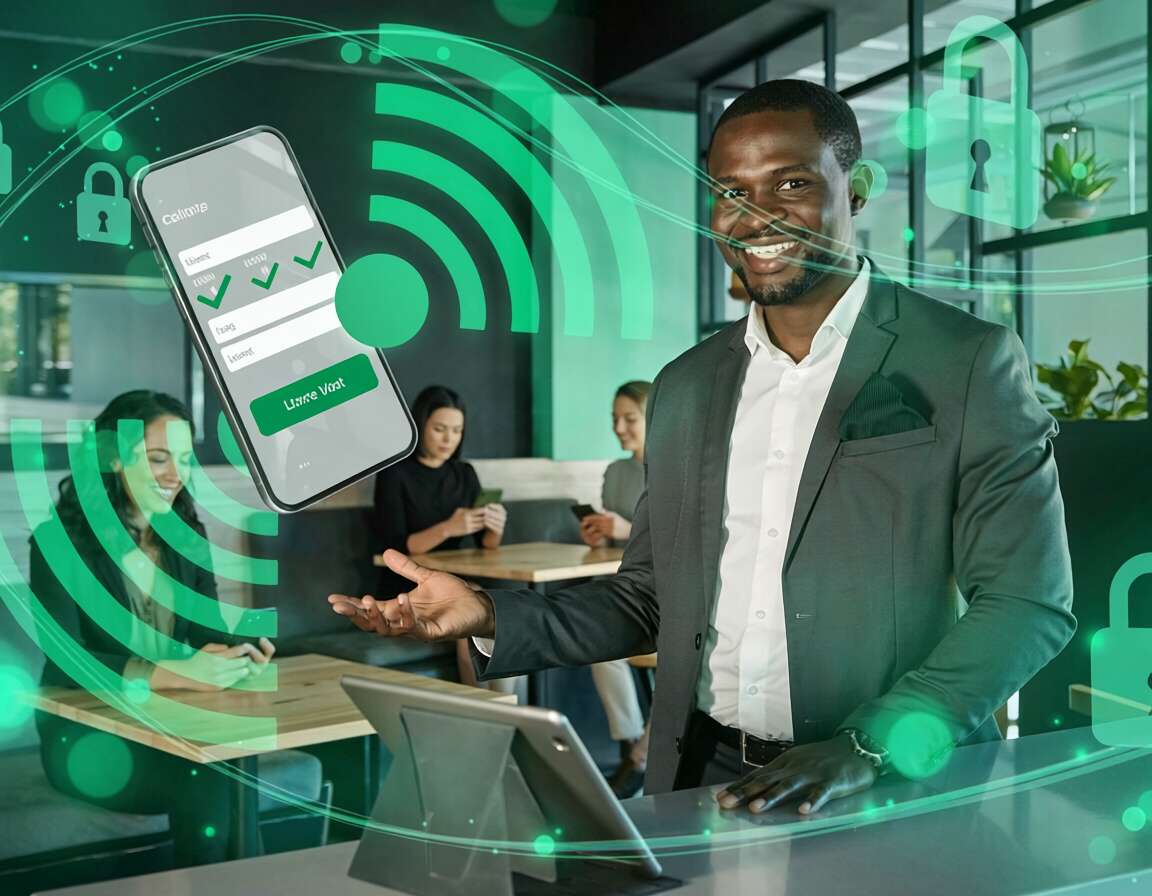 Homem apresentando tecnologia de segurança digital.