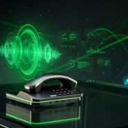 Telefone moderno com gráficos digitais e ondas sonoras