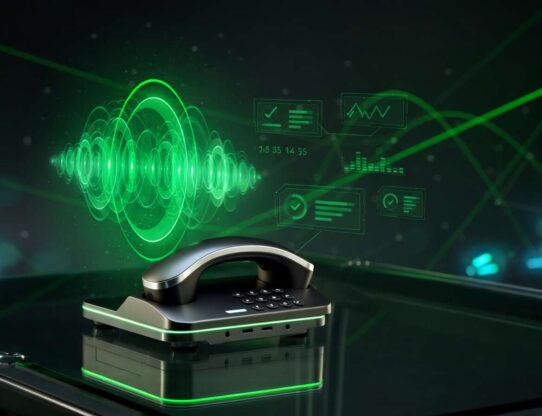 Telefone moderno com gráficos digitais e ondas sonoras