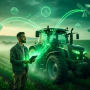 Agricultor com tablet ao lado de trator moderno verde.