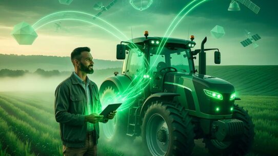 Agricultor com tablet ao lado de trator moderno verde.
