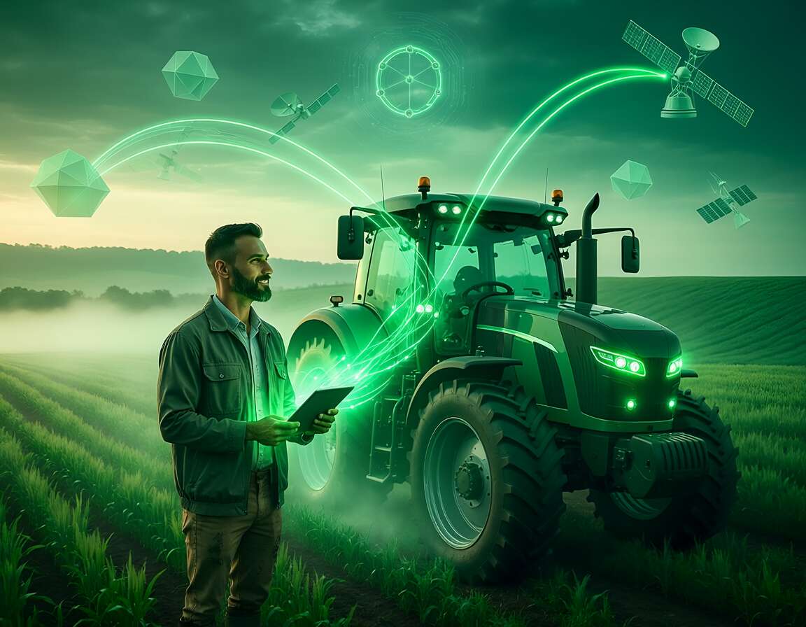 Agricultor com tablet ao lado de trator moderno verde.