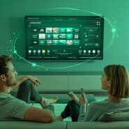 Casal assistindo TV em sala moderna e iluminada.