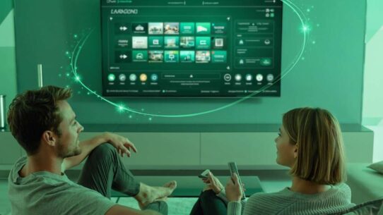 Casal assistindo TV em sala moderna e iluminada.