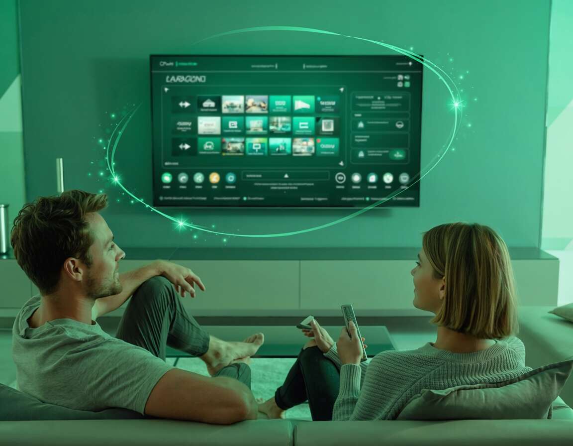 Casal assistindo TV em sala moderna e iluminada.