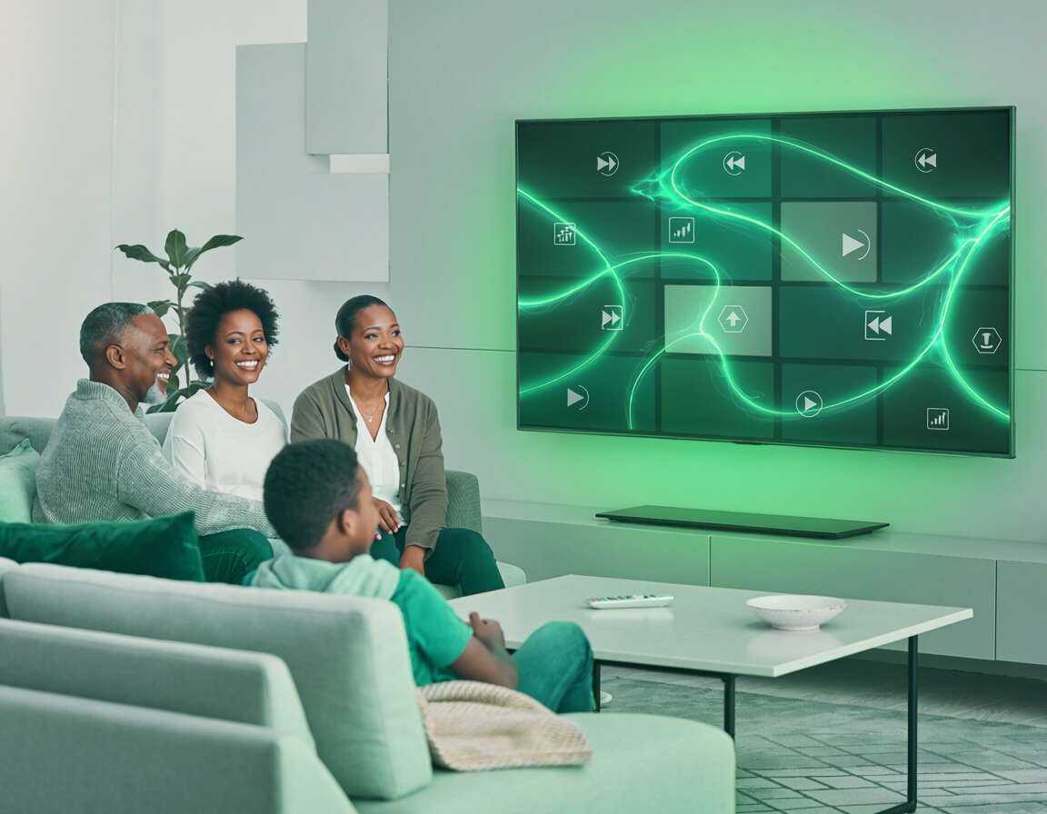 Família assistindo TV com design moderno e luzes verdes.