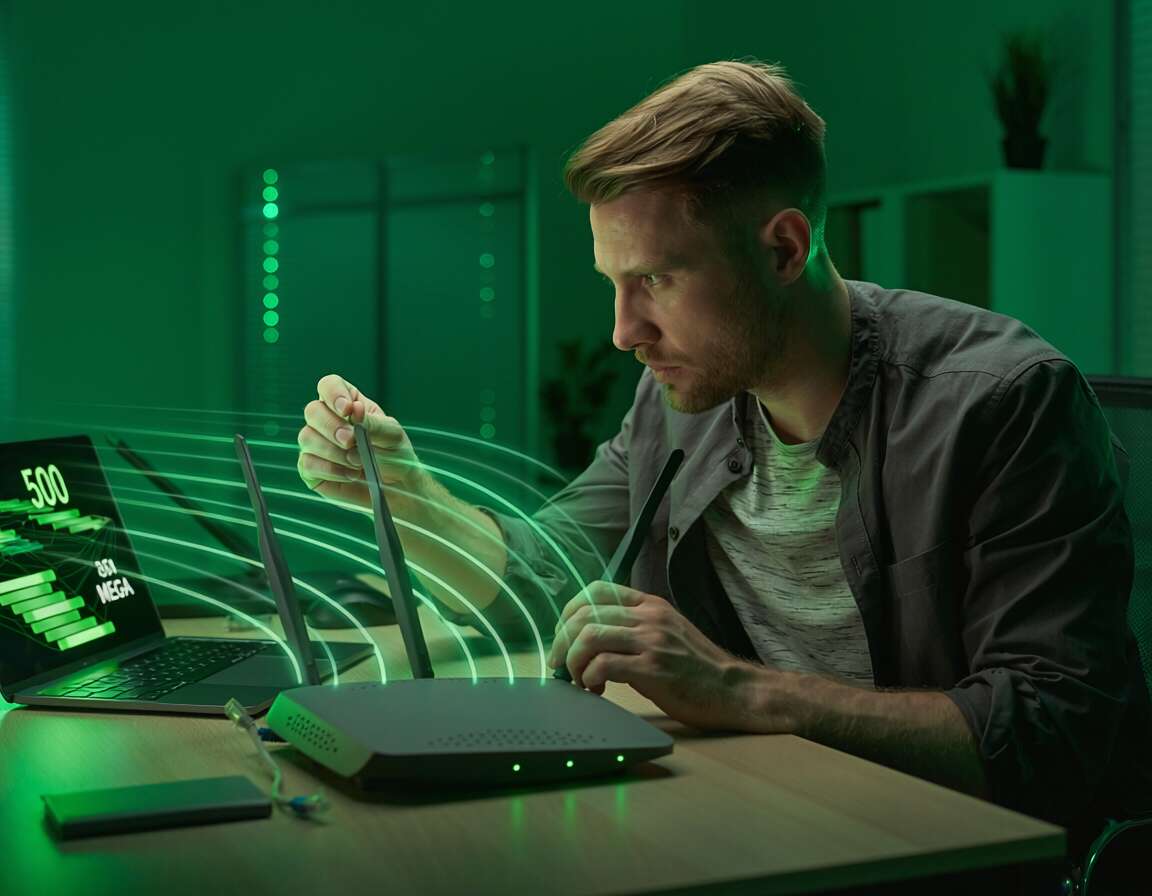 Homem ajustando antenas de roteador em ambiente digital.