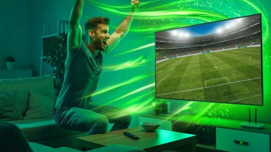 Homem feliz assistindo futebol na TV.
