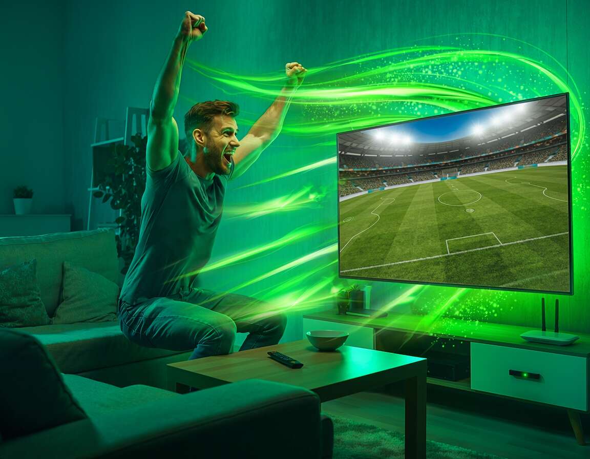 Homem feliz assistindo futebol na TV.