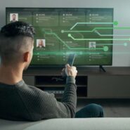 Homem assistindo TV com tecnologia digital interativa.