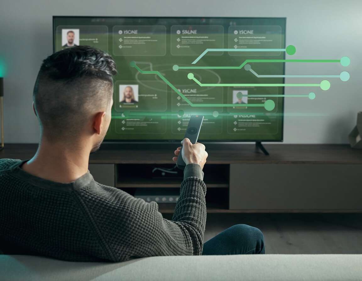 Homem assistindo TV com tecnologia digital interativa.