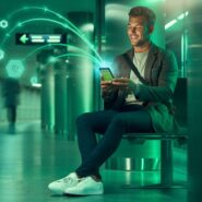 Homem usando smartphone em ambiente moderno e iluminado.