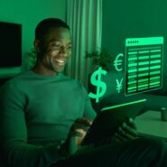 Homem sorrindo usando tablet com gráficos financeiros.