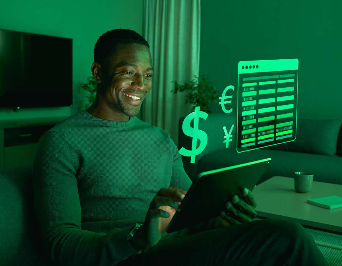 Homem sorrindo usando tablet com gráficos financeiros.