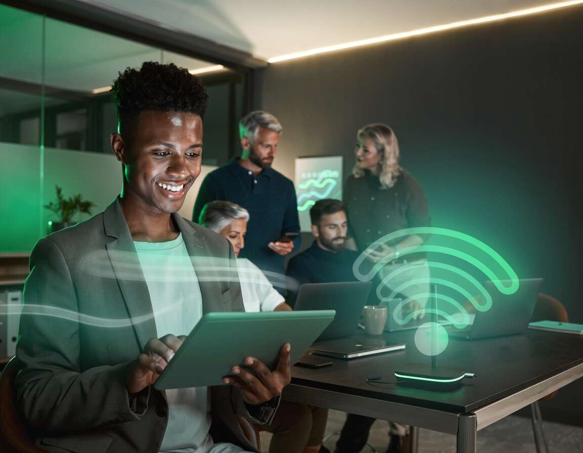 Homem sorrindo usando tablet em ambiente de trabalho moderno.