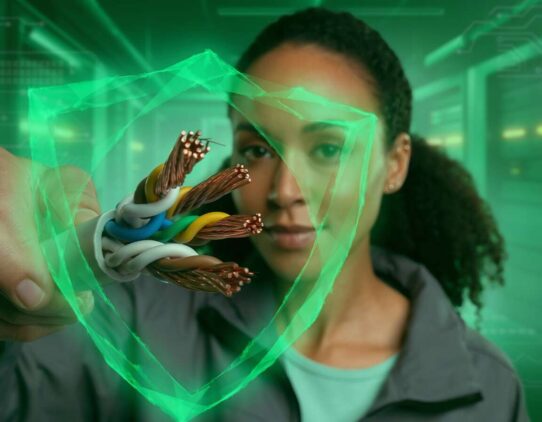 Mulher segurando fios elétricos com efeito brilhante.