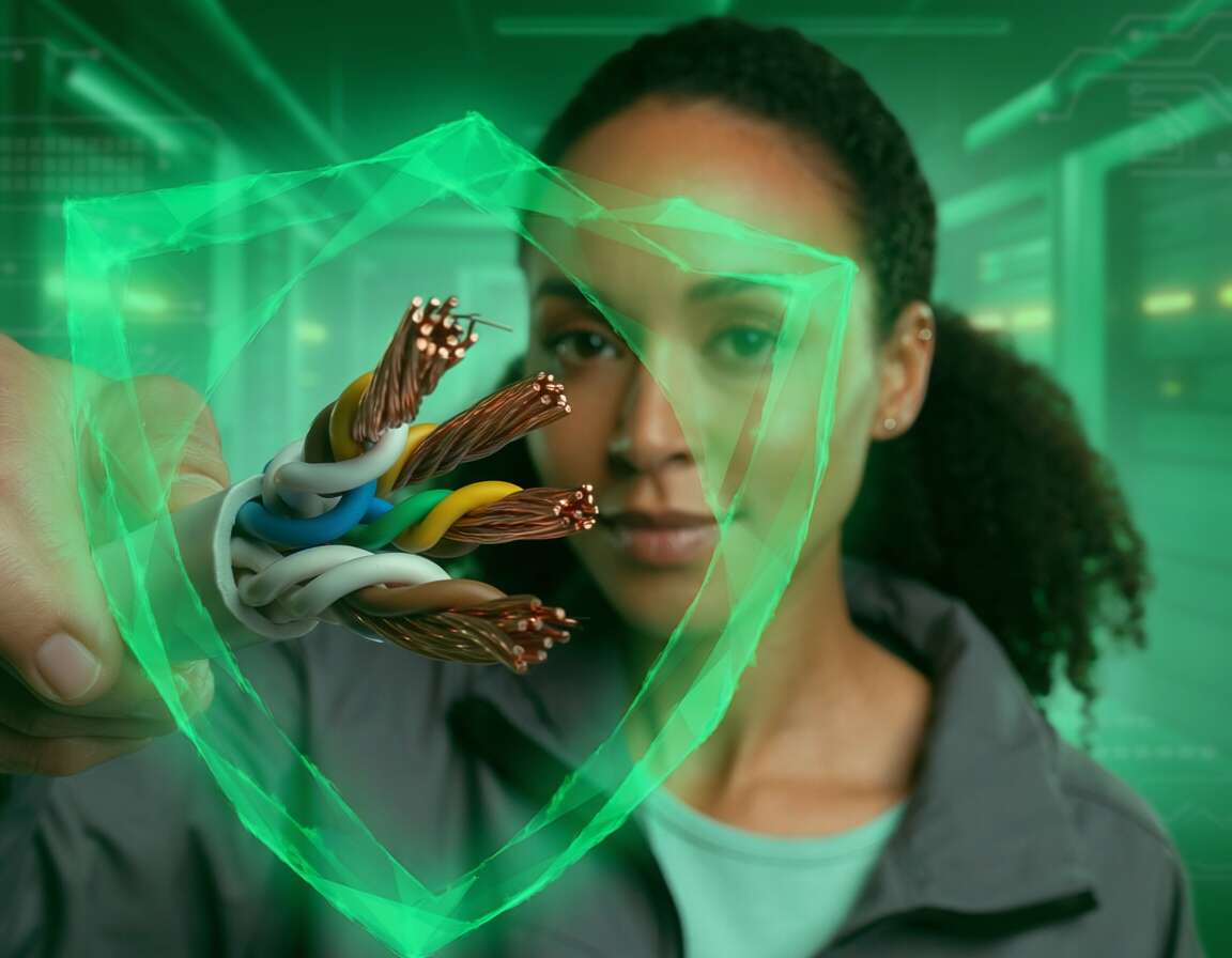 Mulher segurando fios elétricos com efeito brilhante.