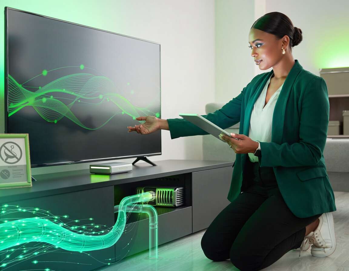 Mulher interagindo com TV em ambiente moderno.