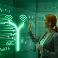 Mulher interagindo com painel de tecnologia Wi-Fi