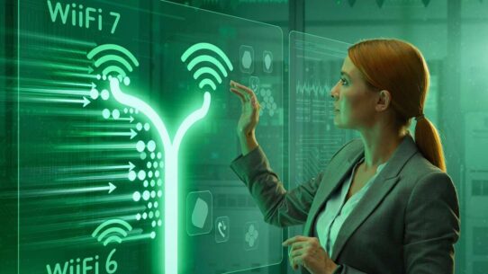 Mulher interagindo com painel de tecnologia Wi-Fi
