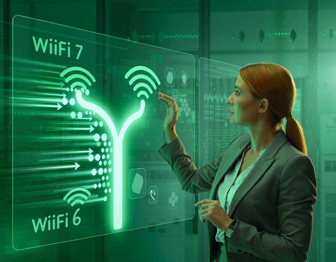 Mulher interagindo com painel de tecnologia Wi-Fi