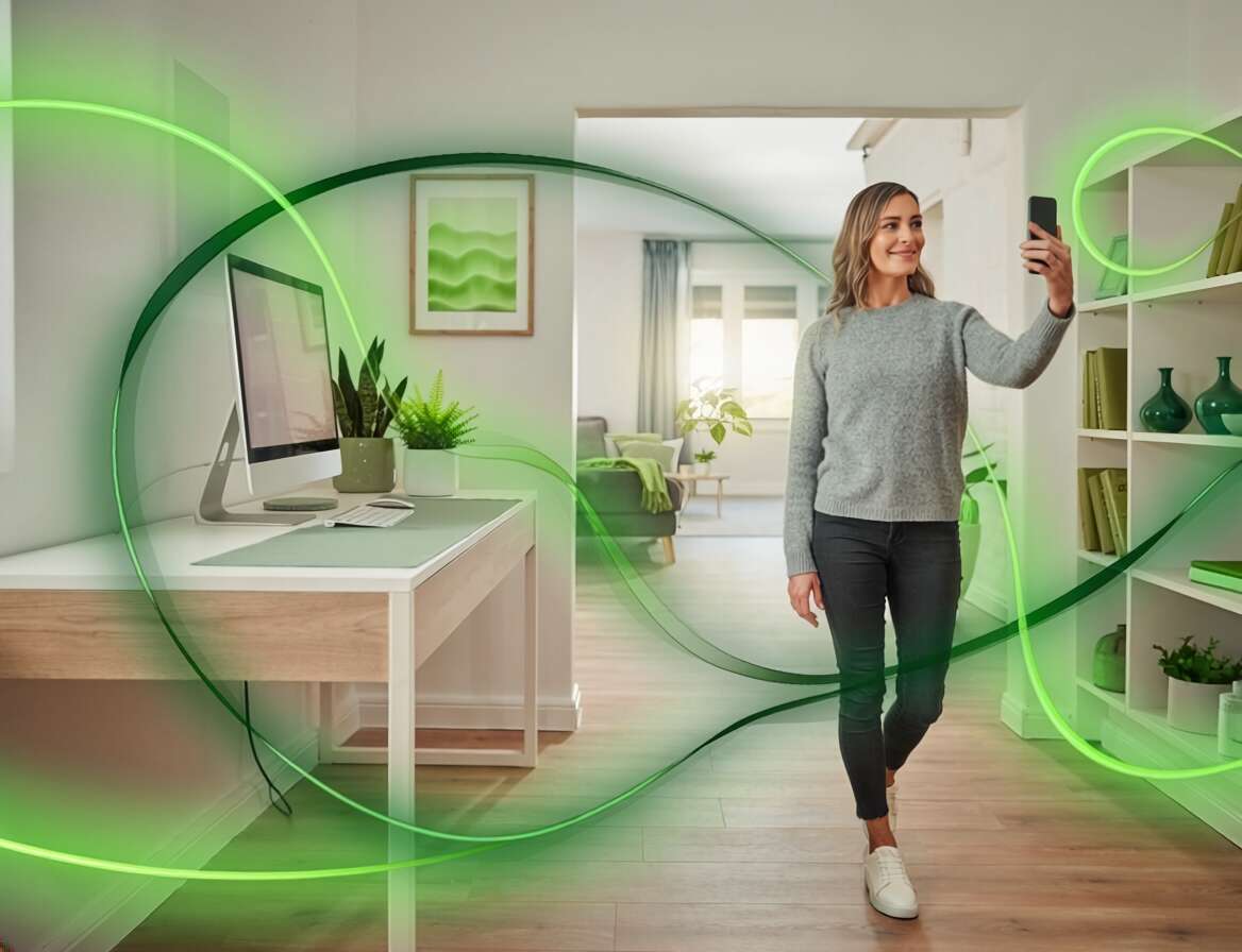 Mulher sorrindo usando smartphone em ambiente moderno.