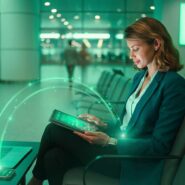 Mulher usando tablet em ambiente moderno com tecnologia.