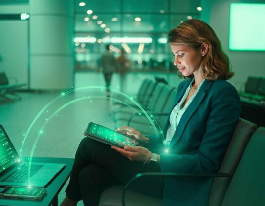 Mulher usando tablet em ambiente moderno com tecnologia.