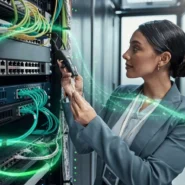 Profissional ajustando equipamentos de rede em datacenter.