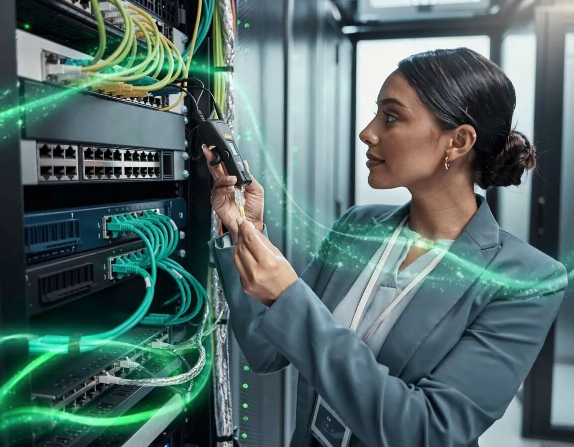 Profissional ajustando equipamentos de rede em datacenter.