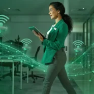 Profissional mulher usando tablet em ambiente moderno.