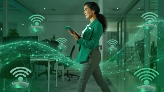 Profissional mulher usando tablet em ambiente moderno.