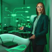 Profissional em tecnologia com roteador em ambiente verde.