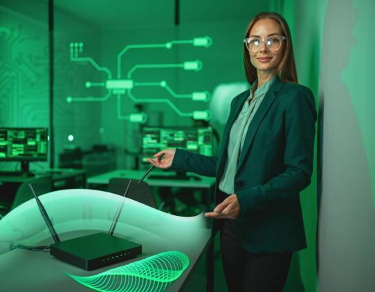 Profissional em tecnologia com roteador em ambiente verde.