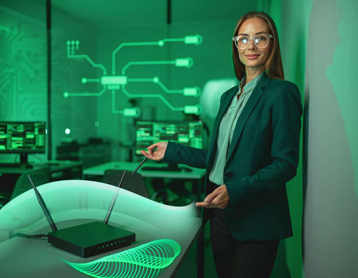 Profissional em tecnologia com roteador em ambiente verde.