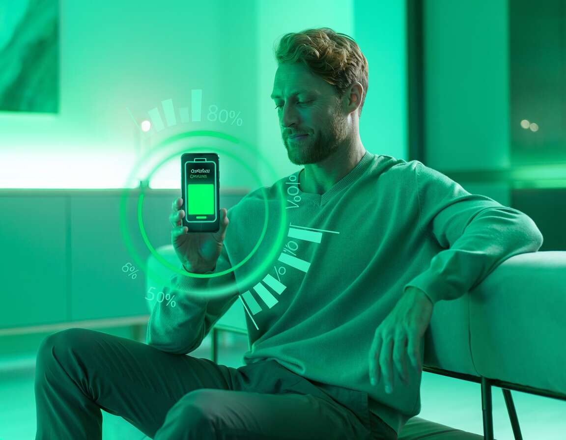 Homem avaliando bateria de smartphone em ambiente verde.