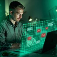 Homem analisando e-mails em computador moderno.