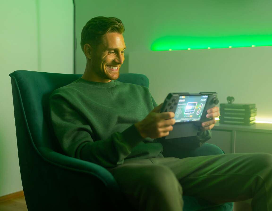 Homem jogando videogame em um ambiente moderno.