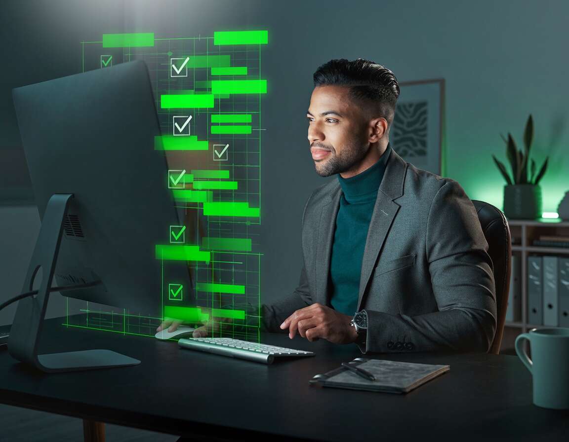 Homem em terno trabalhando em computador com gráficos.