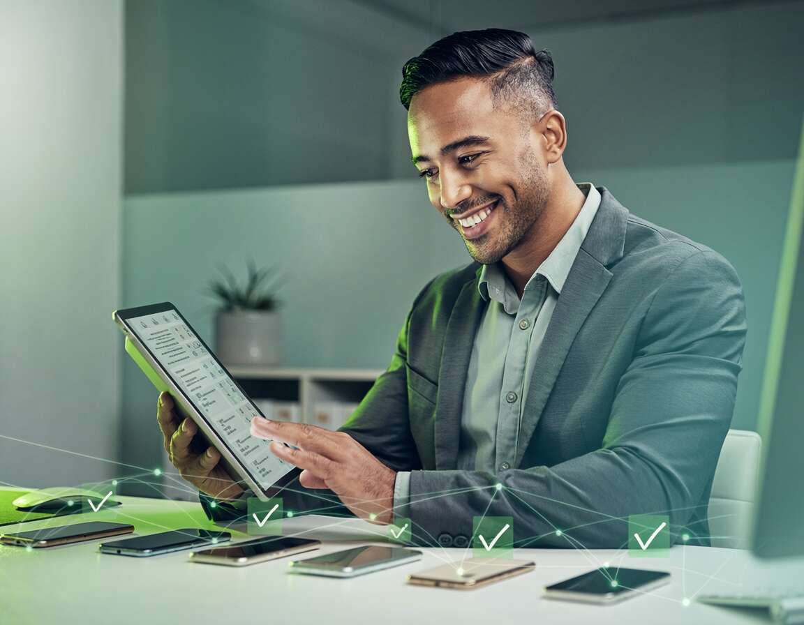 Homem sorridente usando tablet em escritório moderno