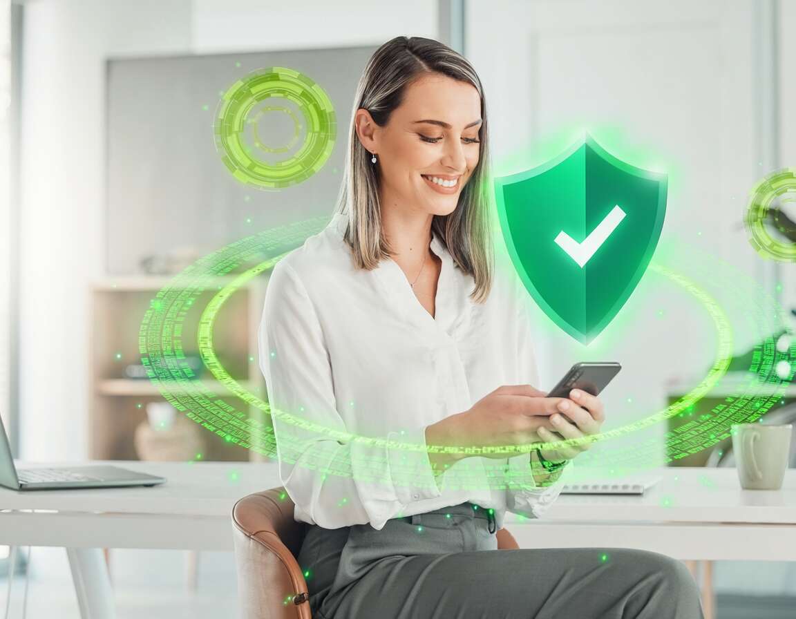 Mulher usando smartphone com ícone de segurança digital.